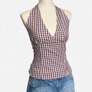 Upcycled Y2K Halter Top XS S Smocked Back Tie Neck Cottagecore Summer